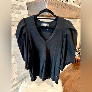 DKNY black puffed sleeve knit v-neck top
